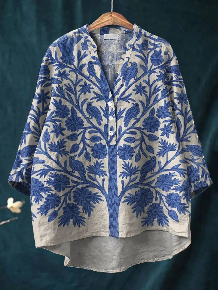 Vintage Tree Art Print Casual Cotton & Linen Shirt