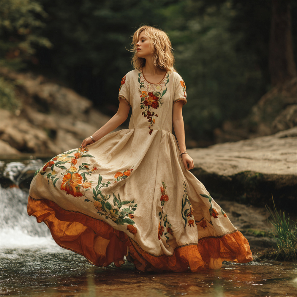 Boho Vintage Floral Art Women's Linen Short Sleeve Flowy Maxi Dress