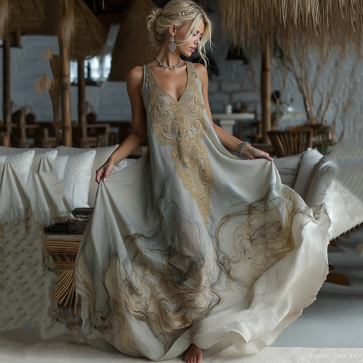 Vintage Marble Texture Collection Retro Bohemia Women Style Gradient Gilded Pattern Maxi Dress