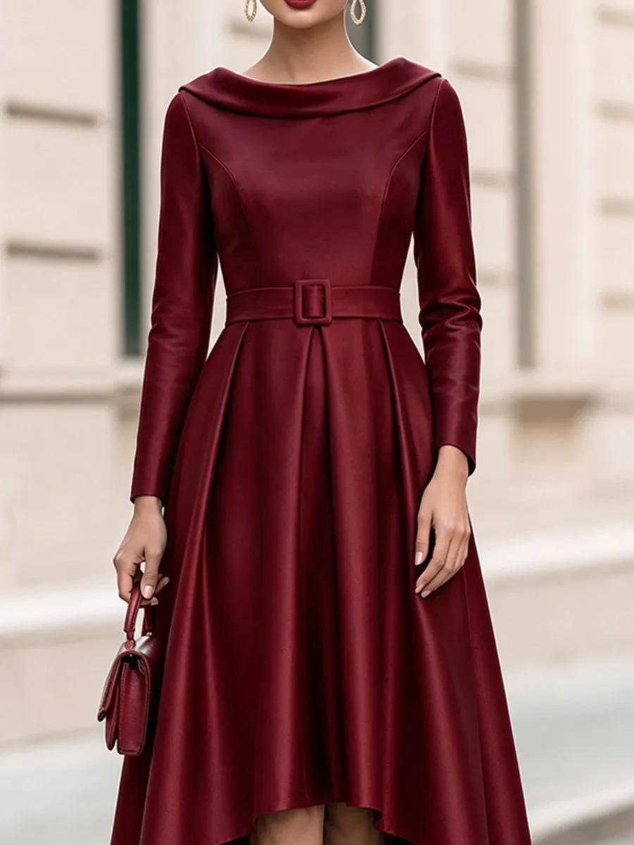 Burgundy Fold Over Collar Long-Sleeve High Low Midi Swing Dress