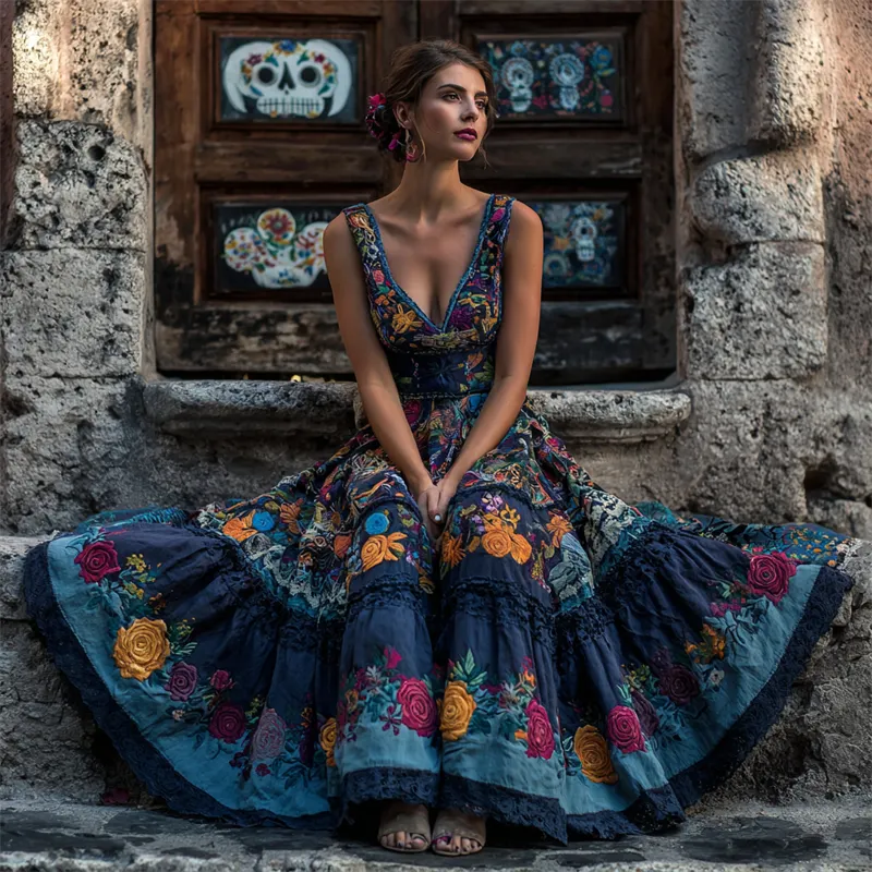 Day Of The Dead Boho Mexican Floral Embroidered Linen Maxi Dress