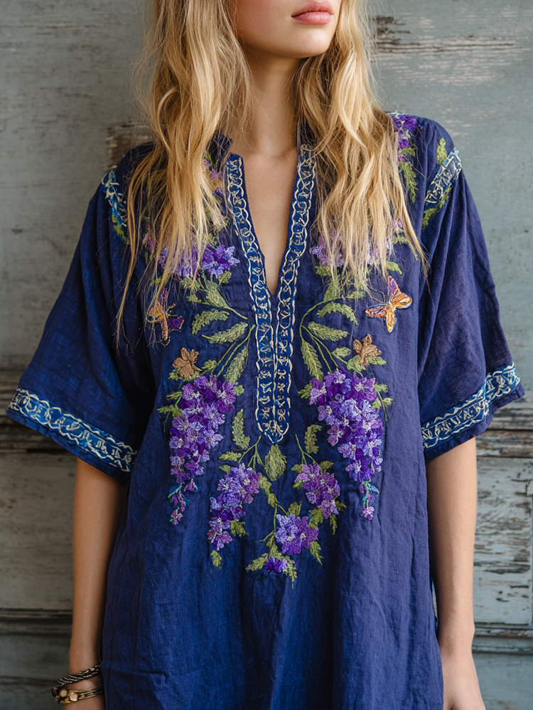 Women's Lavender Embroidery V-neck Shirt