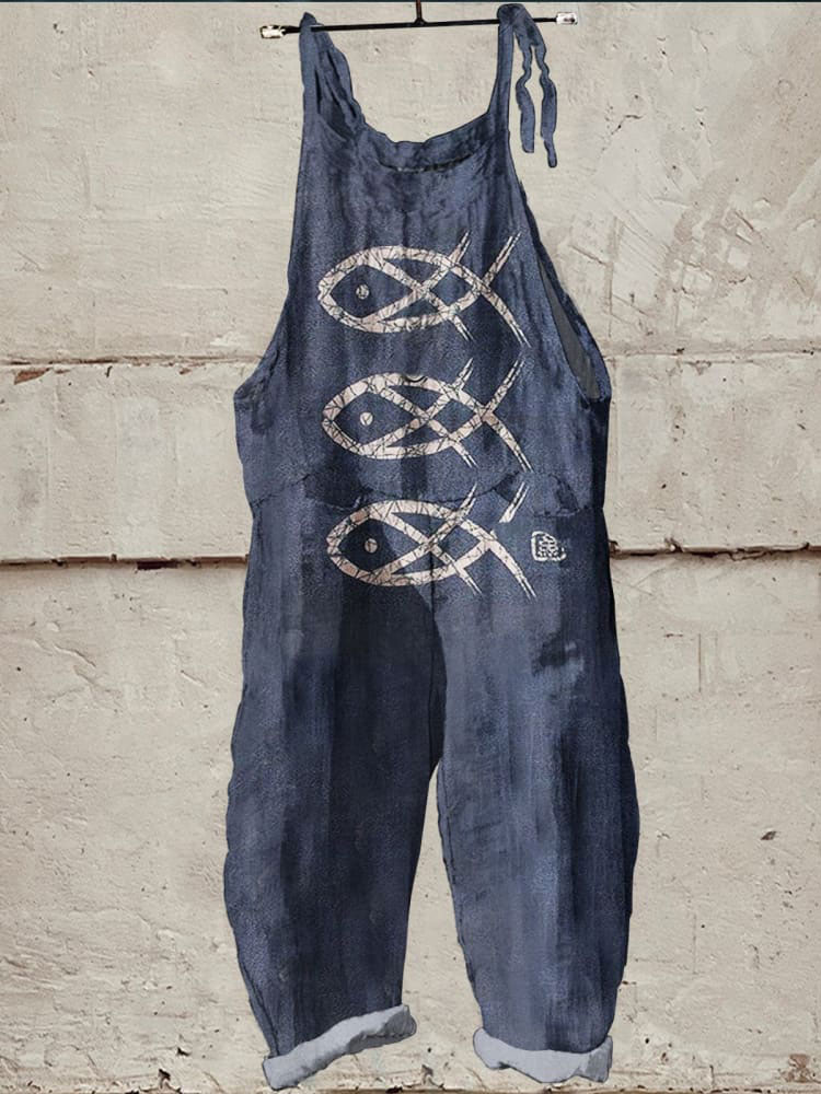 Fish Art Print Casual Wide-Leg Jumpsuit