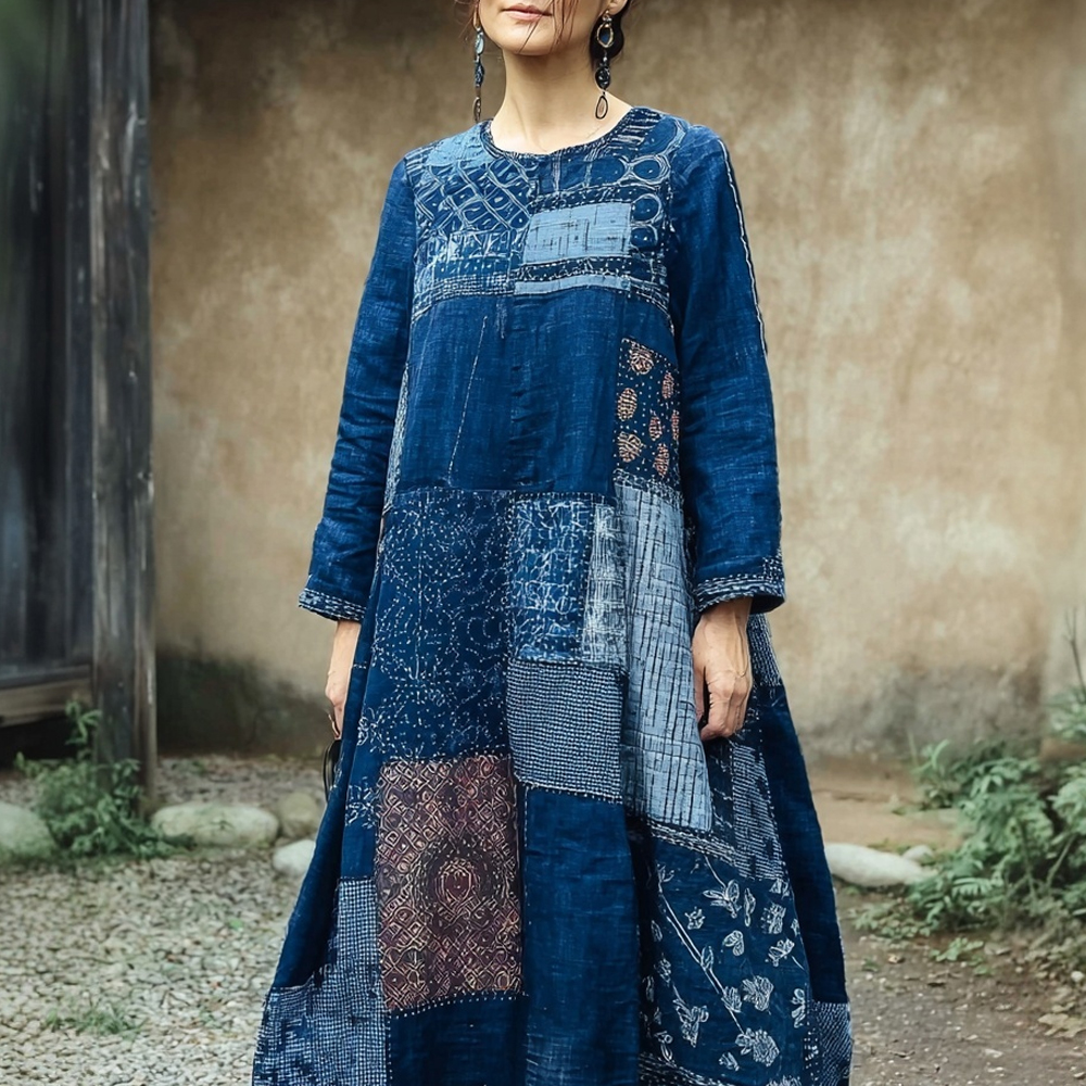 Vintage Japanese Sashiko Art Round Neck Maxi Dress