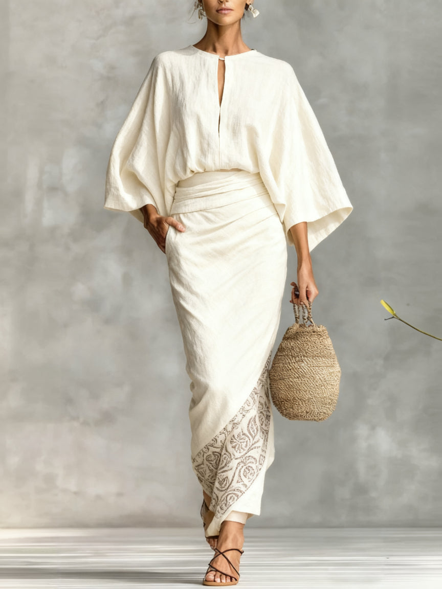 White loose-fitting top and printed skirt set