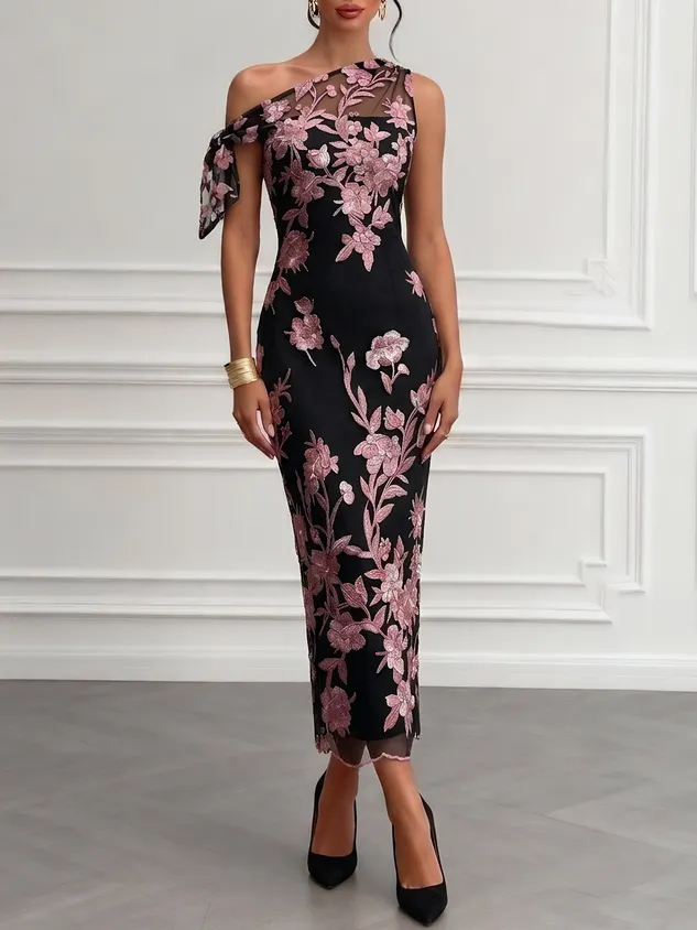 Pink Bow Lace One-Shoulder Sleeveless Sheath Maxi Dress