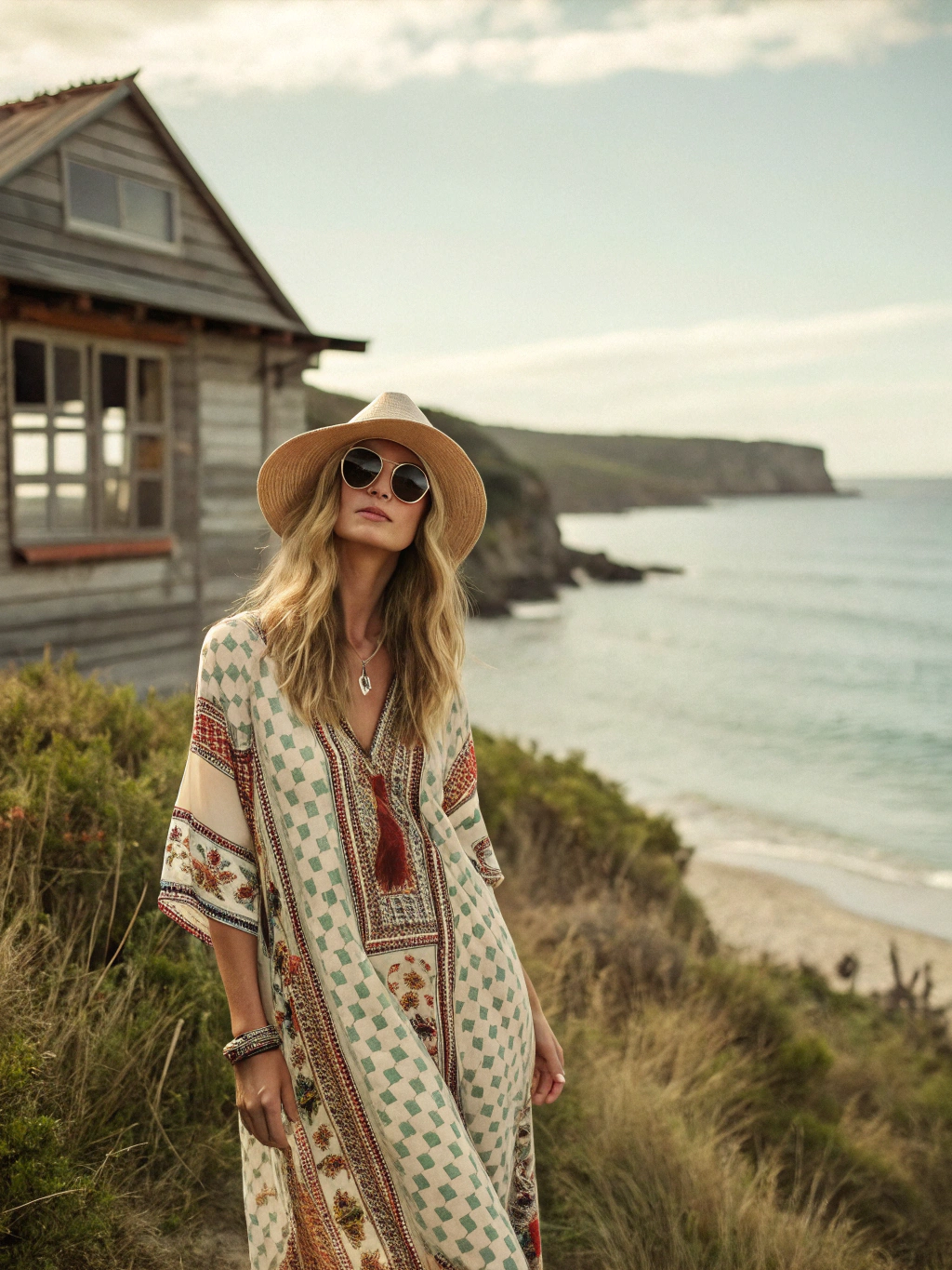 Contton & Linen Long-Sleeve Kaftan Maxi Dress