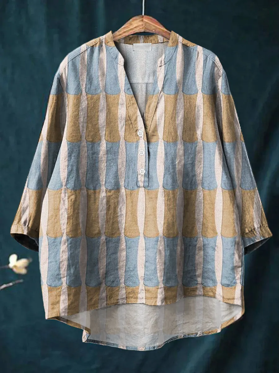 Art Creative Geometric Patterns Print Casual Cotton & Linen Ruffle Shirt