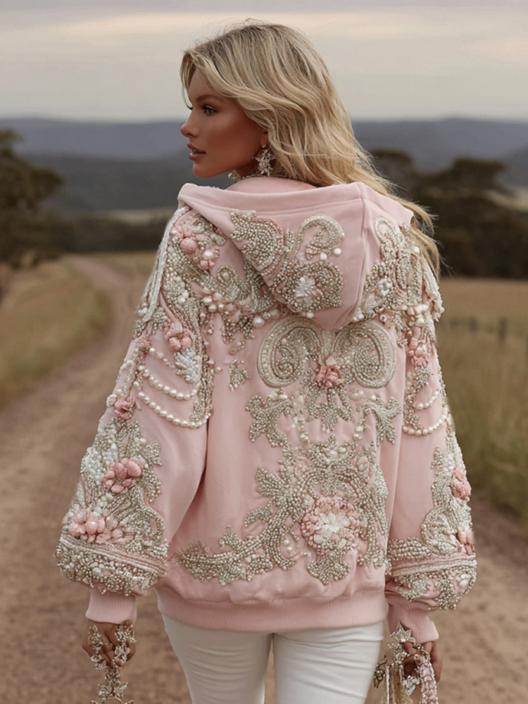 Women's Vintage Flower Embroidery Art Long Sleeve Hoodie