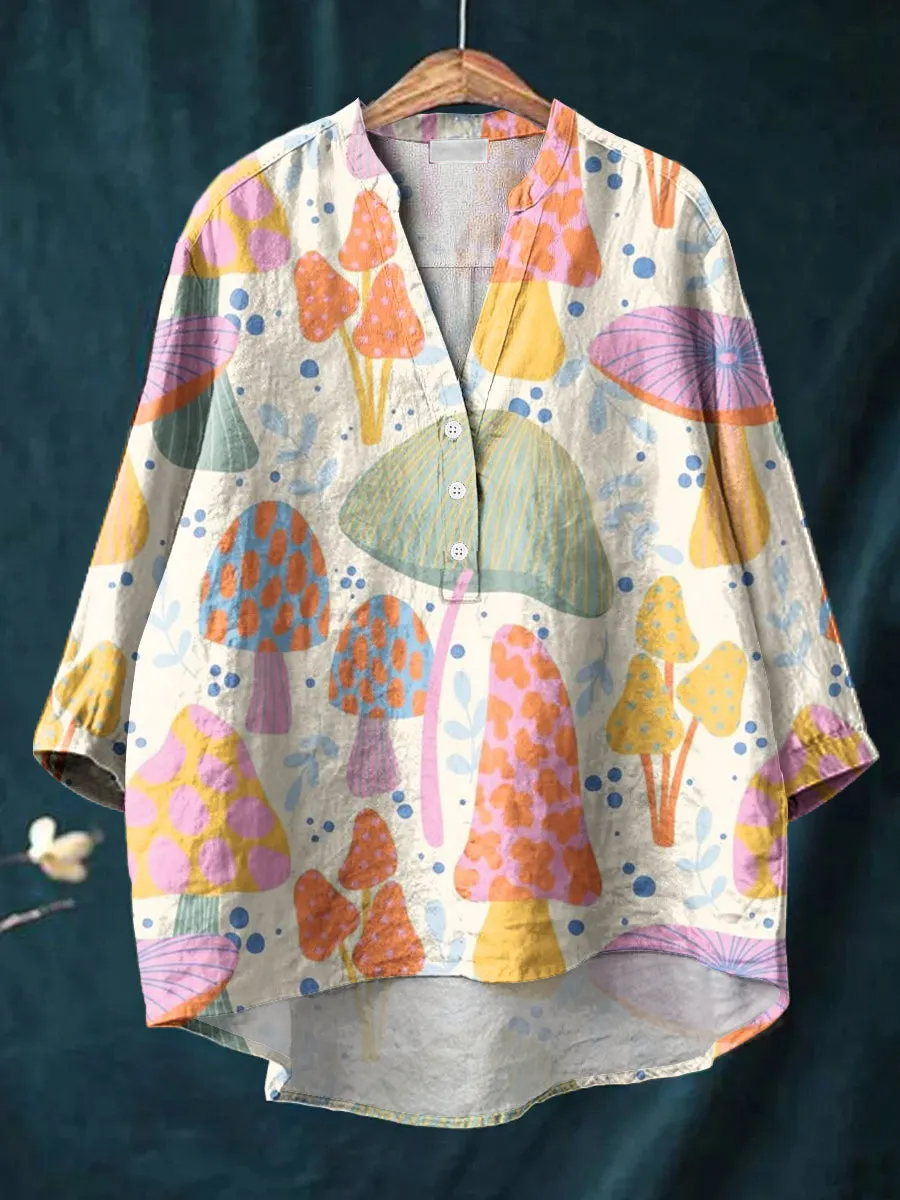 Beautiful Colorful Little Mushroom Painting Art Print Casual Cotton & Linen Ruffle Shirt