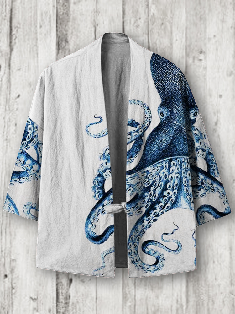 Octopus Ocean Art Linen Blend Kimono Cardigan