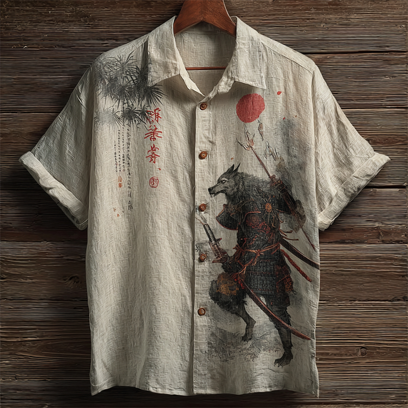Japanese Wolf Samurai Bamboo Forest Linen Shirt