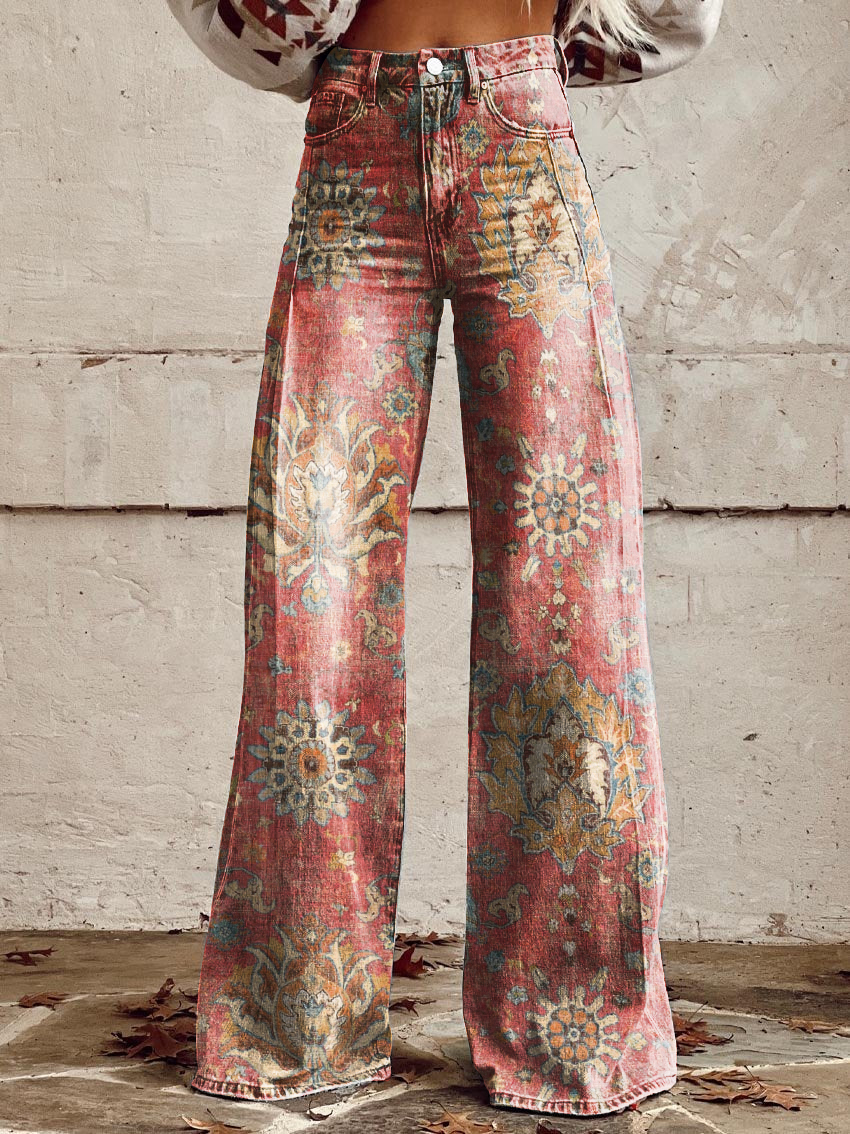 Vintage Ethnic Floral Art Casual Wide-Leg Pants