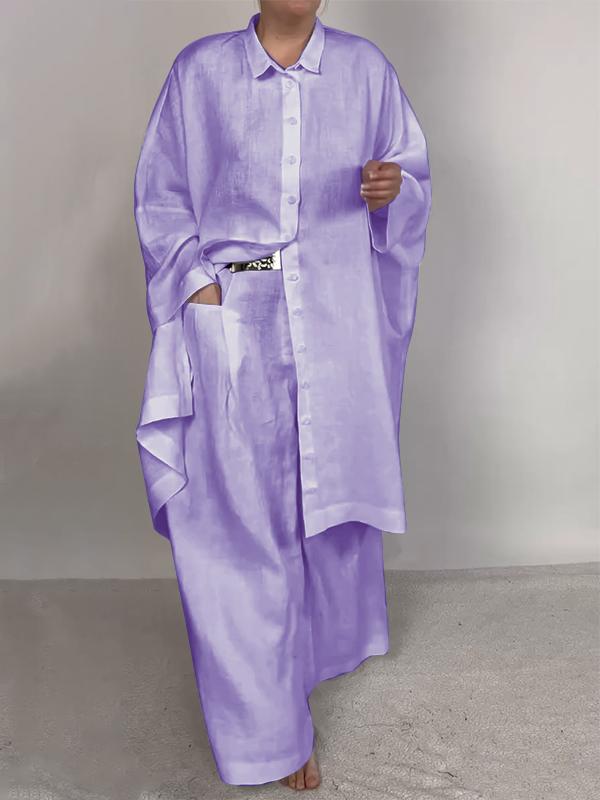 Casual Plain Shirt & Pants Two-pieces Set