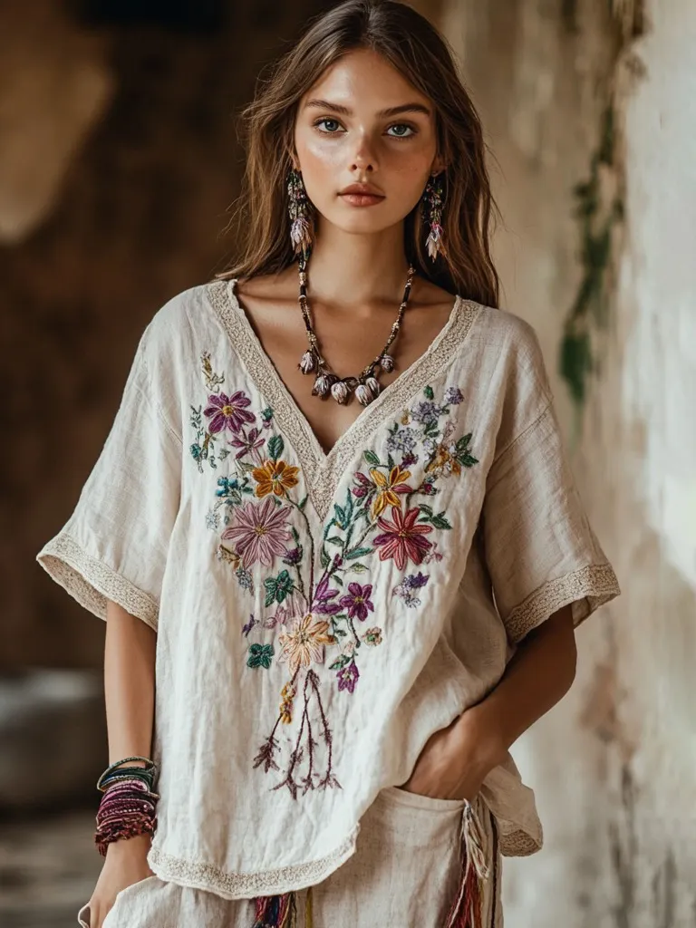 Women's Floral Embroidery V Neck Casual Top