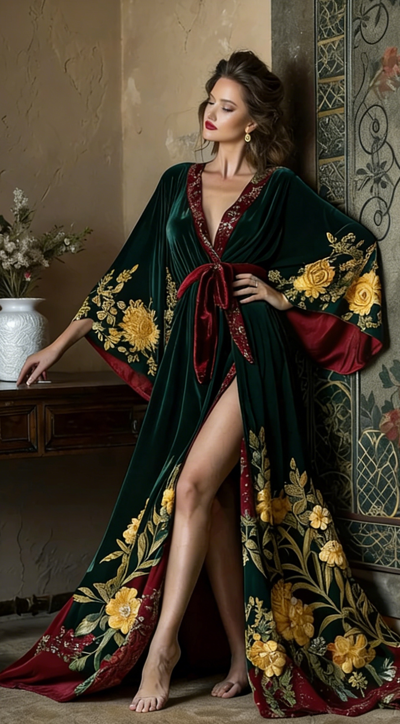 Artistic women's velvet V-neck bell sleeve dress