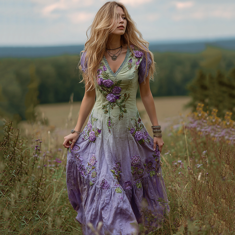 Women's Bohemian Floral Art Gradient Maxi Dress