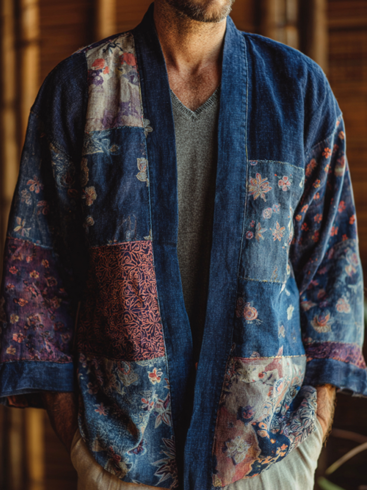 Vintage Japanese Traditional Sashiko Patchwork Art Print Cotton & Linen Blend Kimono Cardigan