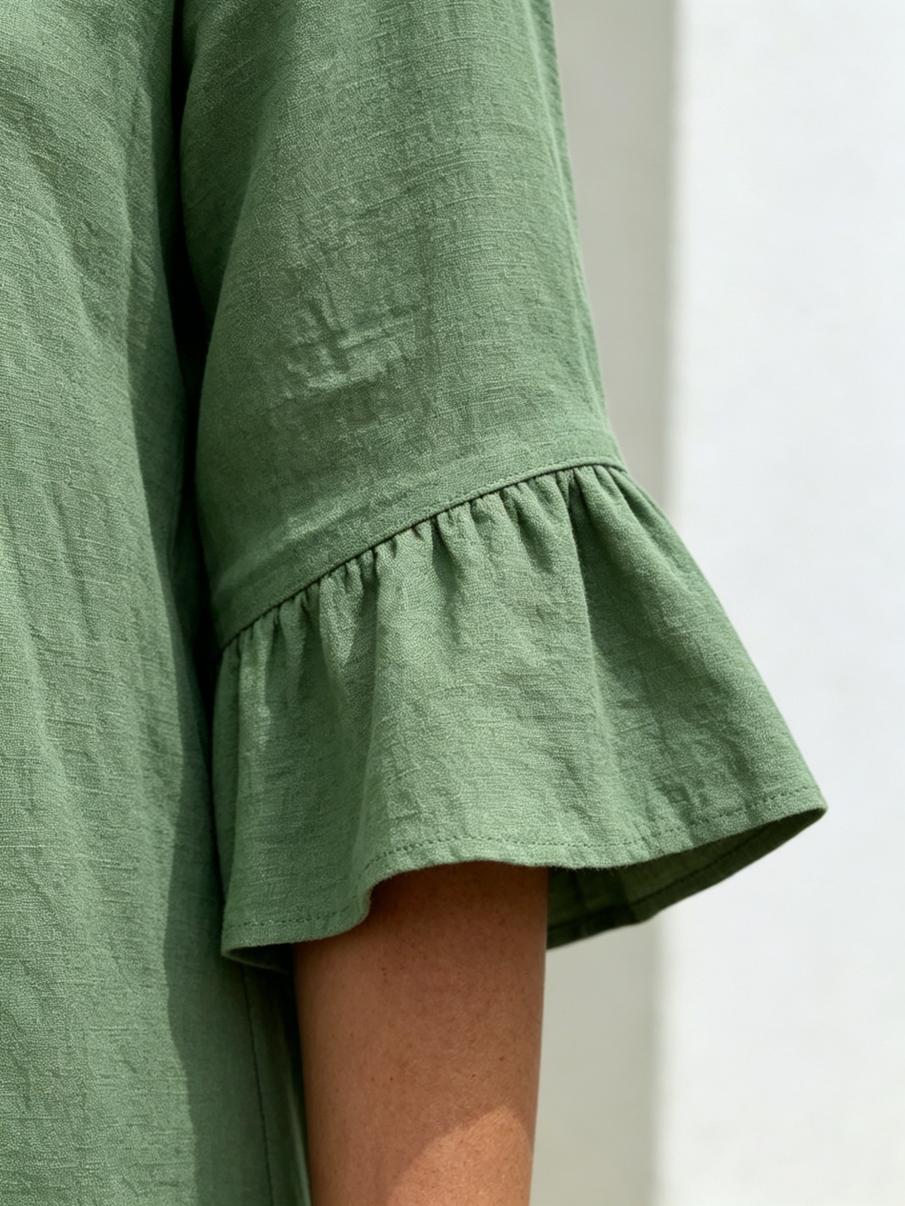 V-Neck Linen-Blend Relaxed Midi Dress