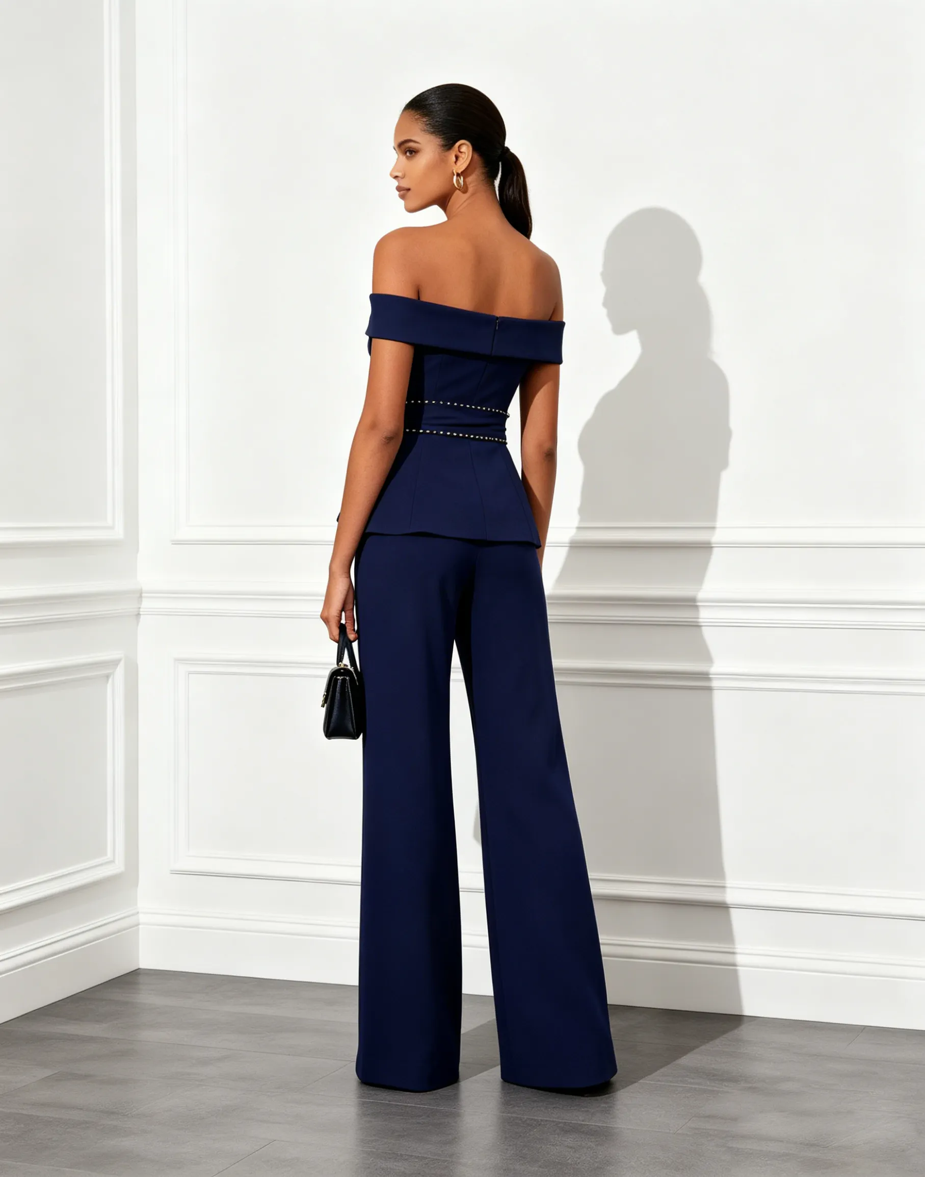 Navy Blue Rhinestone Off The Shoulder Sleeveless Elegant Jumpsuit