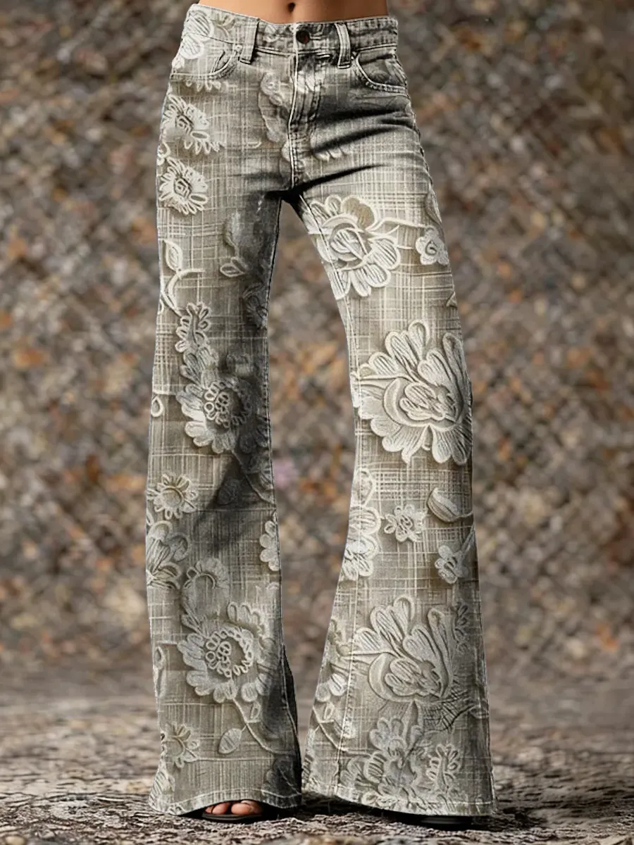Floral Art Print Casual Washed Cotton Pants