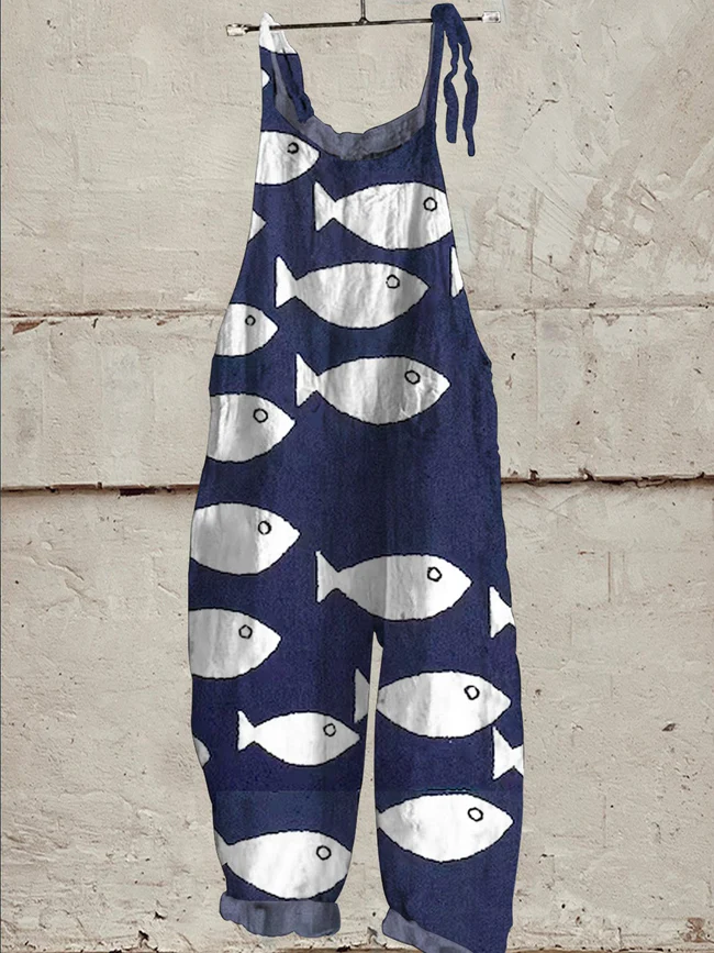 Sea Fish Pattern Printed Women's Casual Wide-Leg Jumpsuit