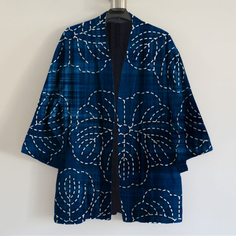 Japanese Traditional Sashiko Floral Blooming Art Print Blend Kimono Cardigan