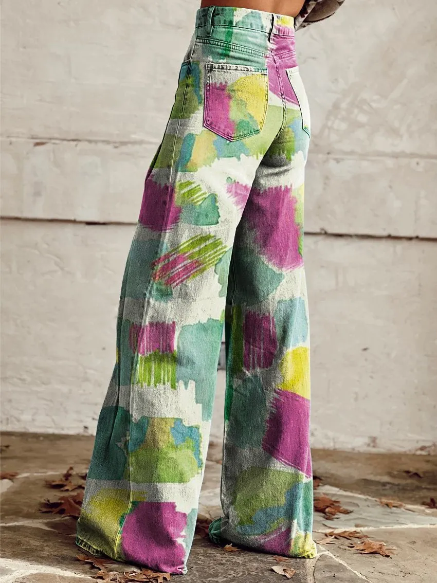 Vintage Print Casual Wide-Leg Pants