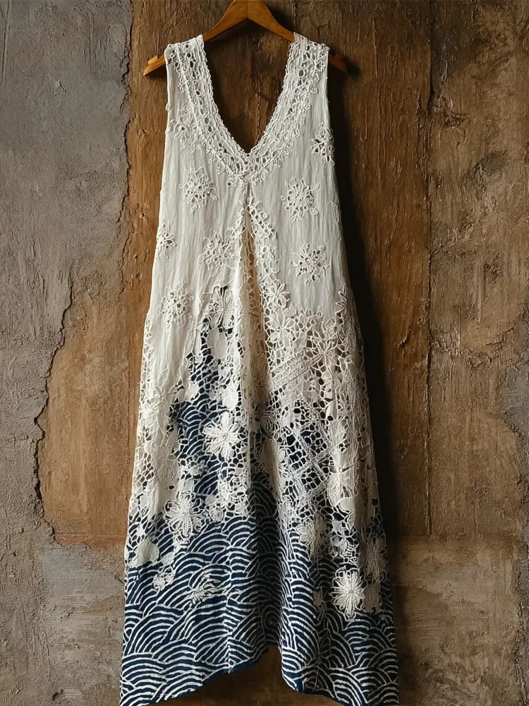 Japanese Waves Patchwork Hollow Floral Lace Maxi Tank Dress