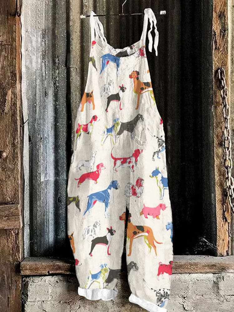 Cute Colorful Dog Pattern Print Loose Jumpsuit