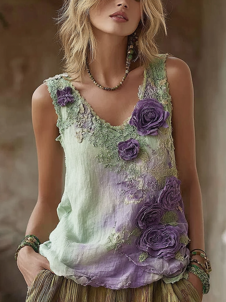 Vintage Green Purple Gradient Floral Embroidered V-neck Blend Casual Tank Top