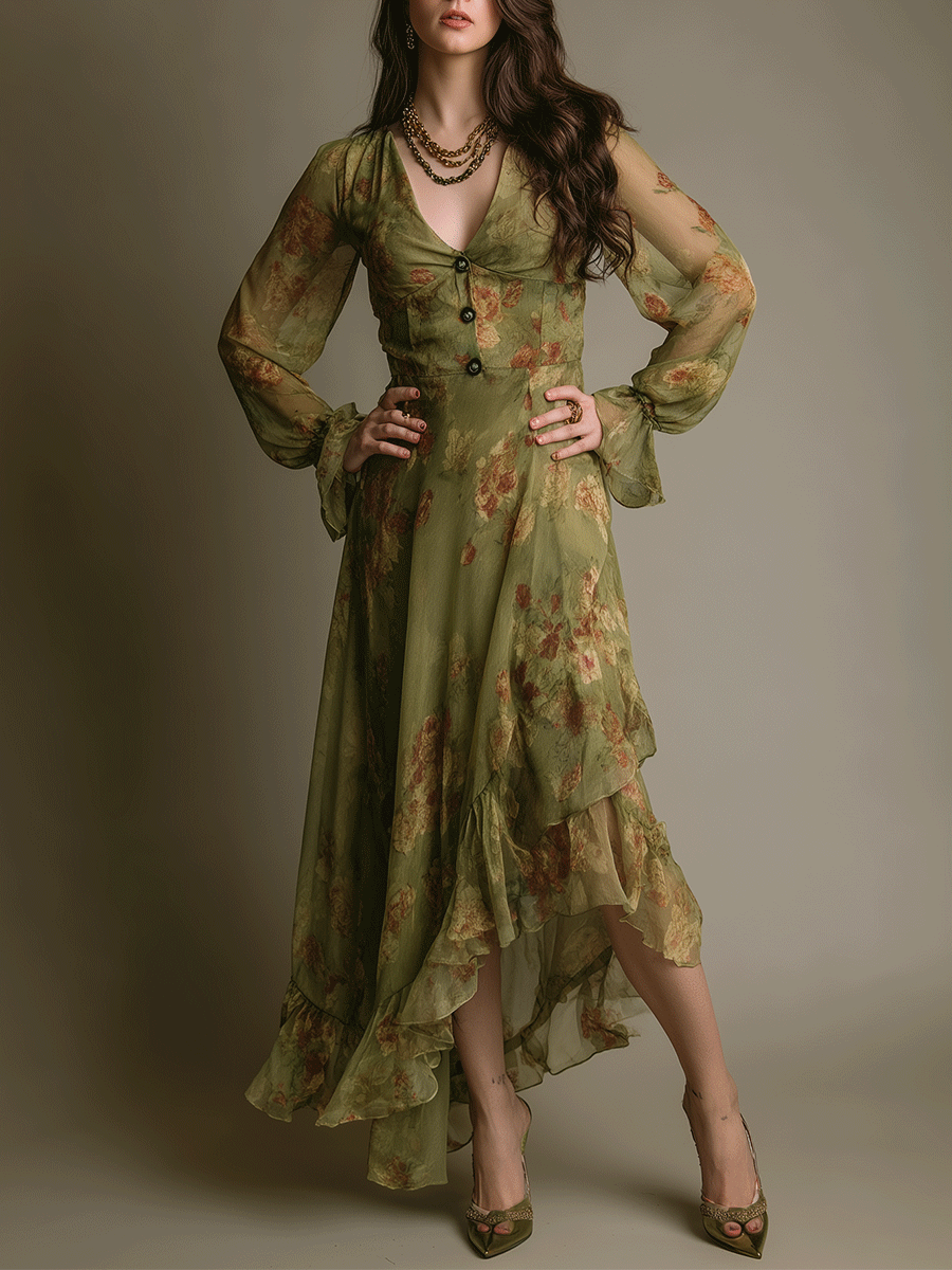 Vintage Romantic Boho Green Ruffle Hem Maxi Dress