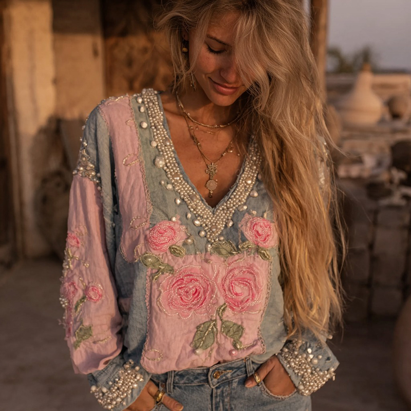 Women's Pink Rose Embroidered Denim Patchwork Shirt