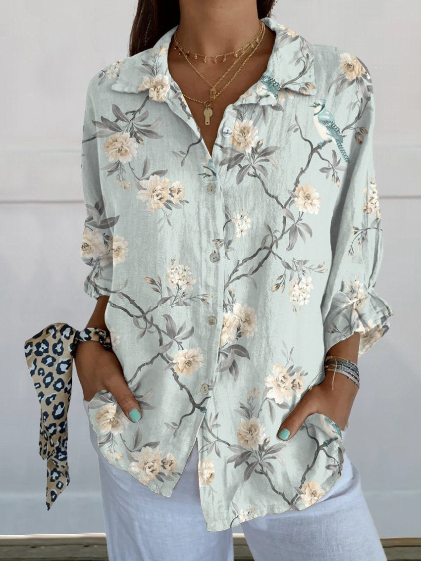 Retro White Floral Print On Light Blue Background Casual Linen V-neck Shirt