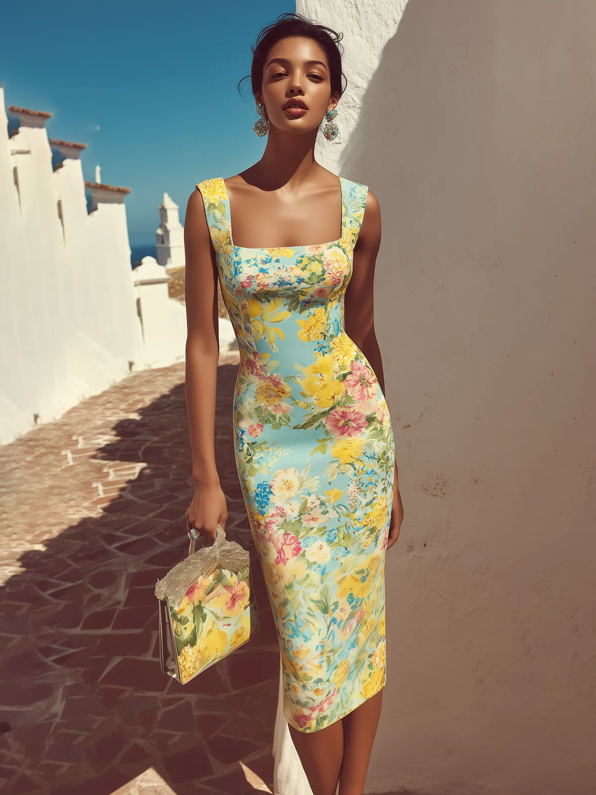 Light Green Floral Classic Square Neck Sleeveless Sheath Midi Dress