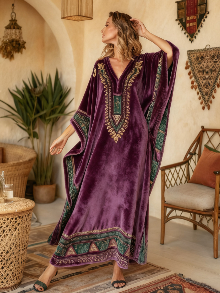 Women's Bohemian Art Pattern V-Neck Long Velvet Kimono Robe