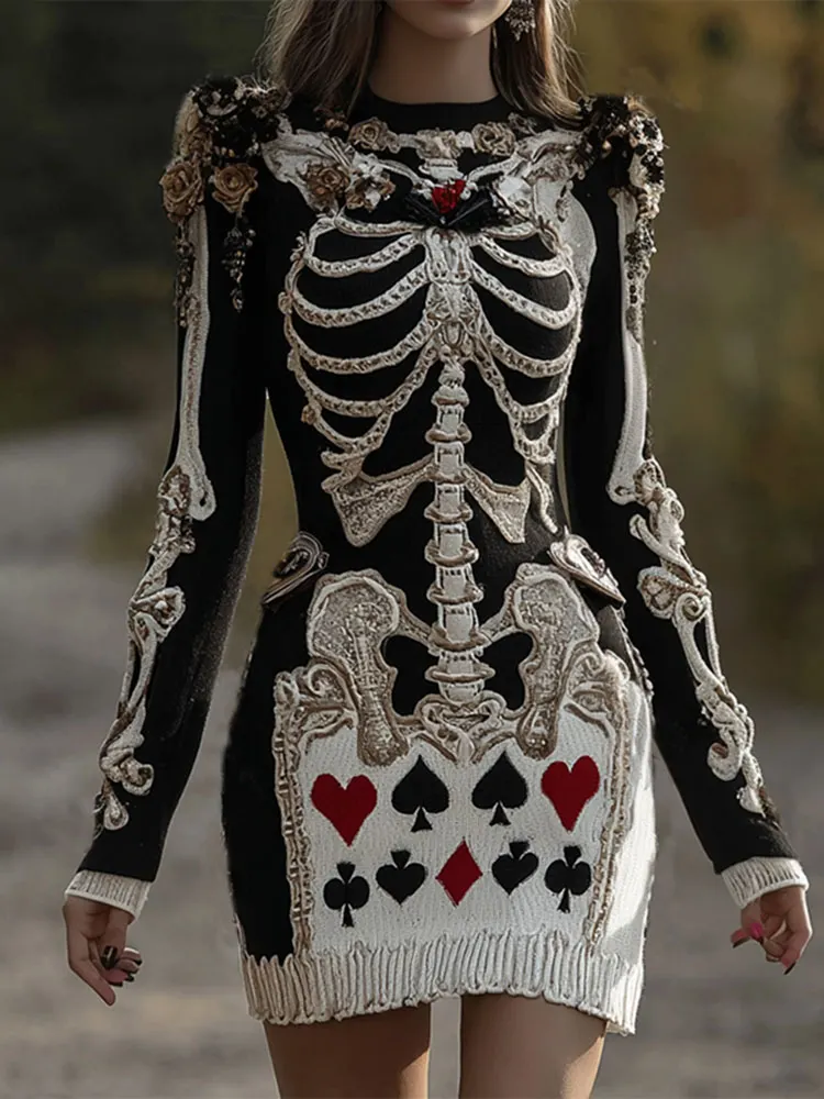 Women's Halloween Skeleton Bones With Circus Harlequin Poker Art Cozy Knit Mini Sweater Dress