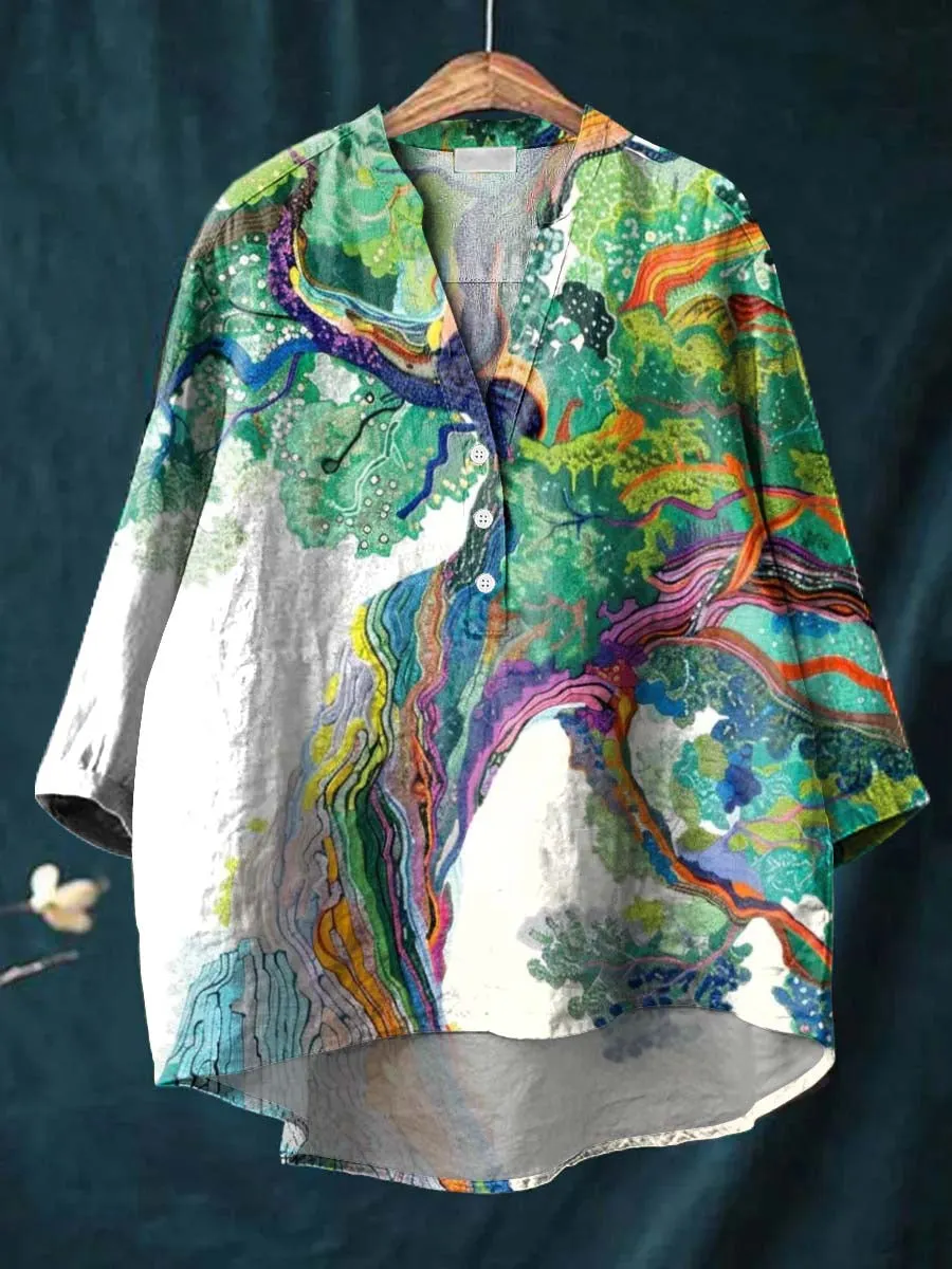 Lovely Tree Art Print Casual Cotton & Linen Shirt