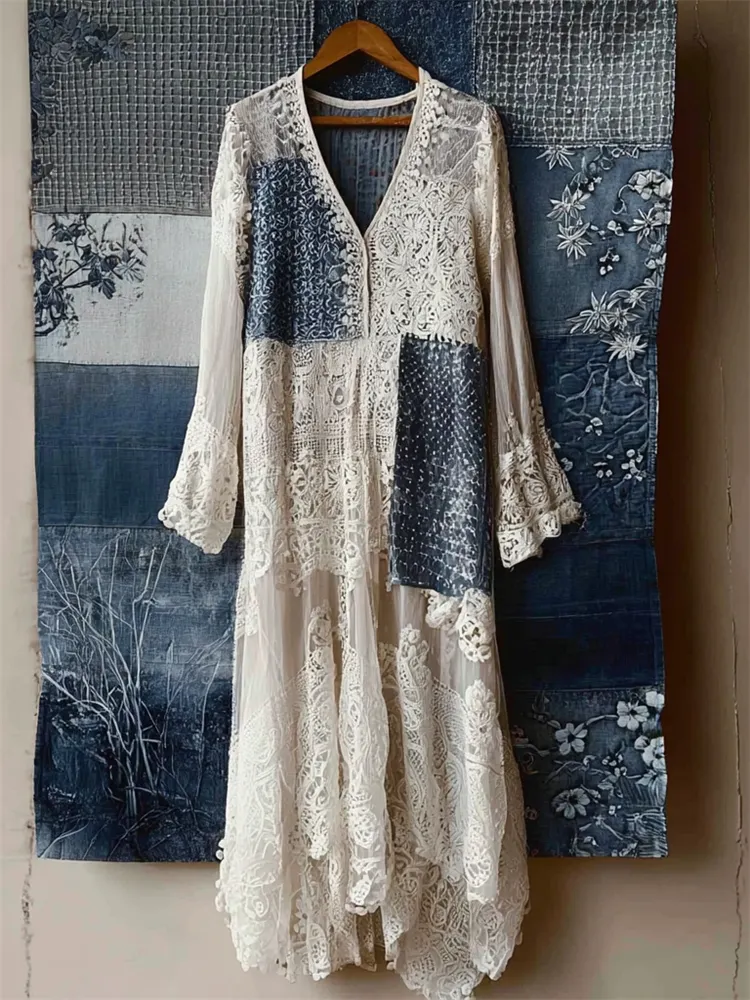 Japanese Sashiko Patchwork Floral Lace Flowy Maxi Dress