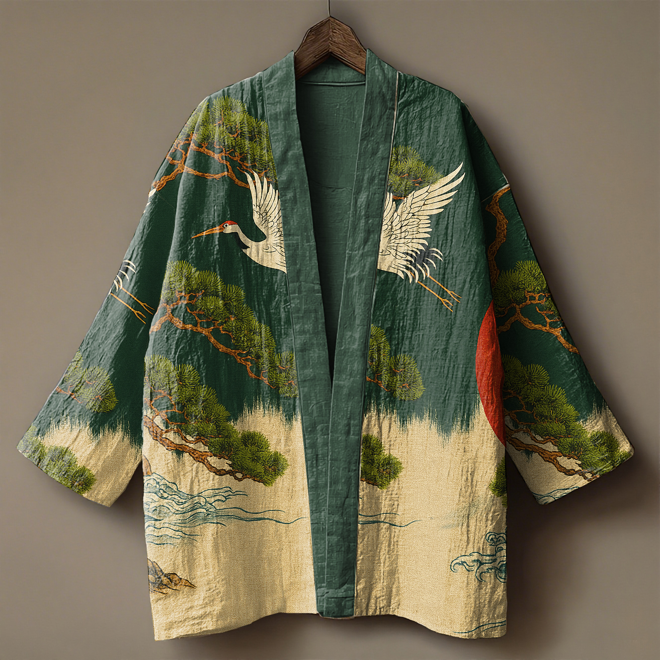 Japanese The Waves and the White Crane embroidered printed linen kimono cardigan