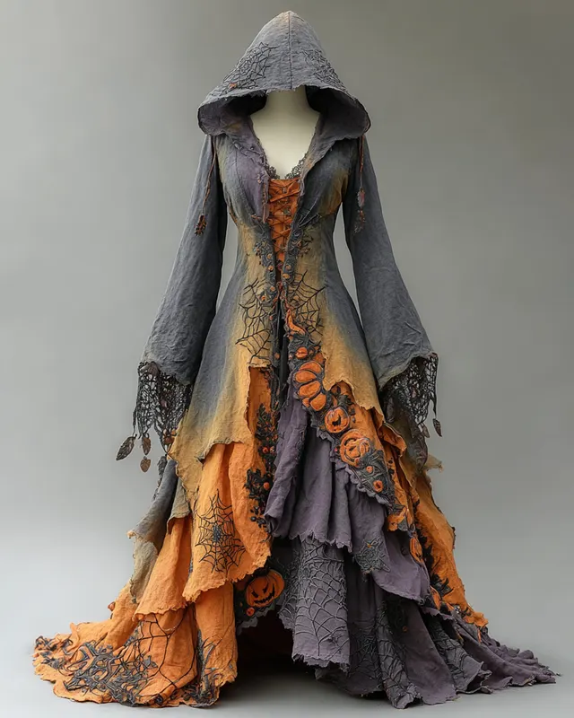 Bohemian style Irregular Ruffle Pumpkin Spiderweb Embroidery Hooded Evening Dress 5bc6