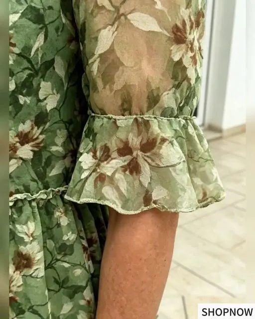 Green Floral Ruffle Midi Dress