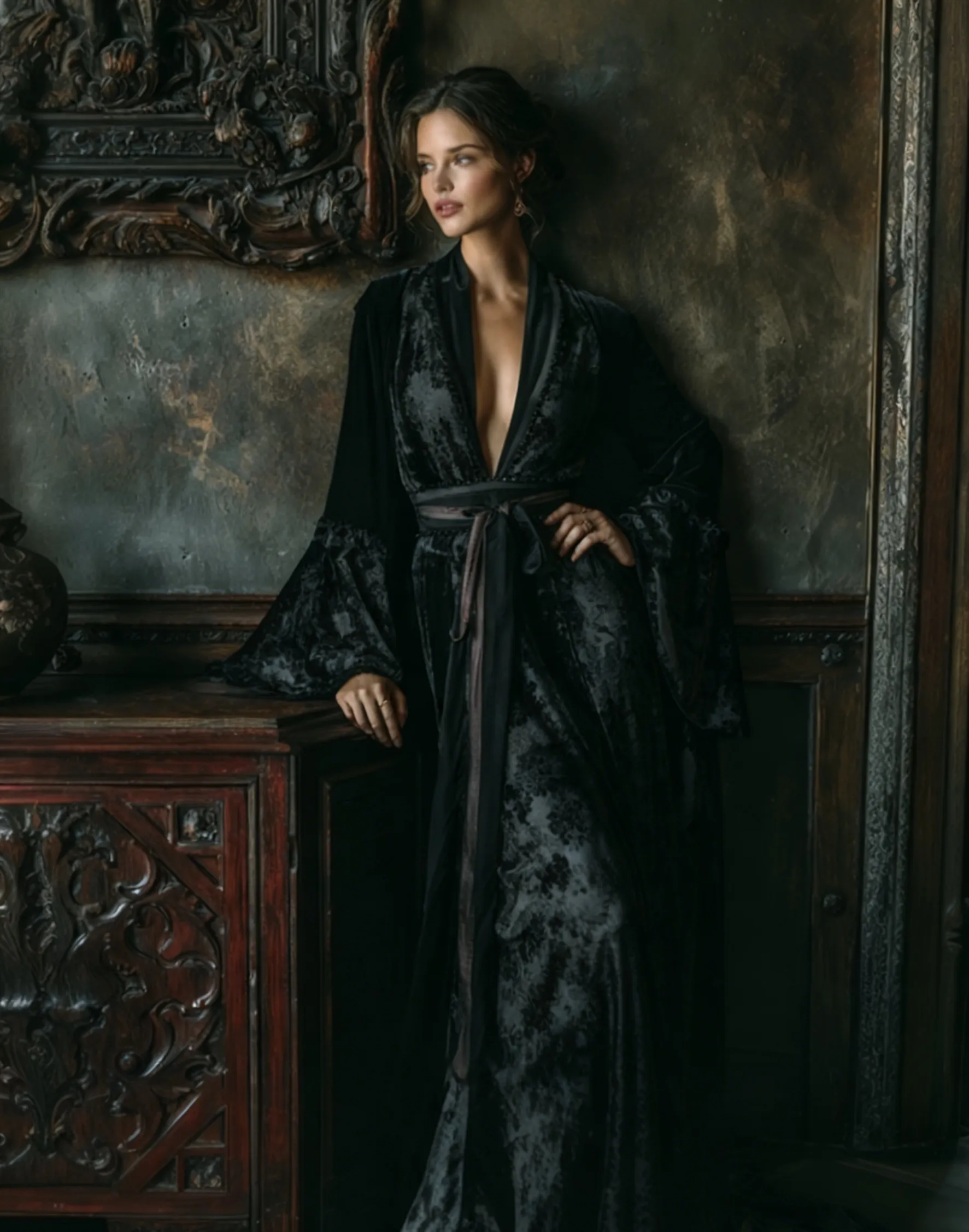 Women's Vintage Velvet Ornate Print Black Robe (belt Included)