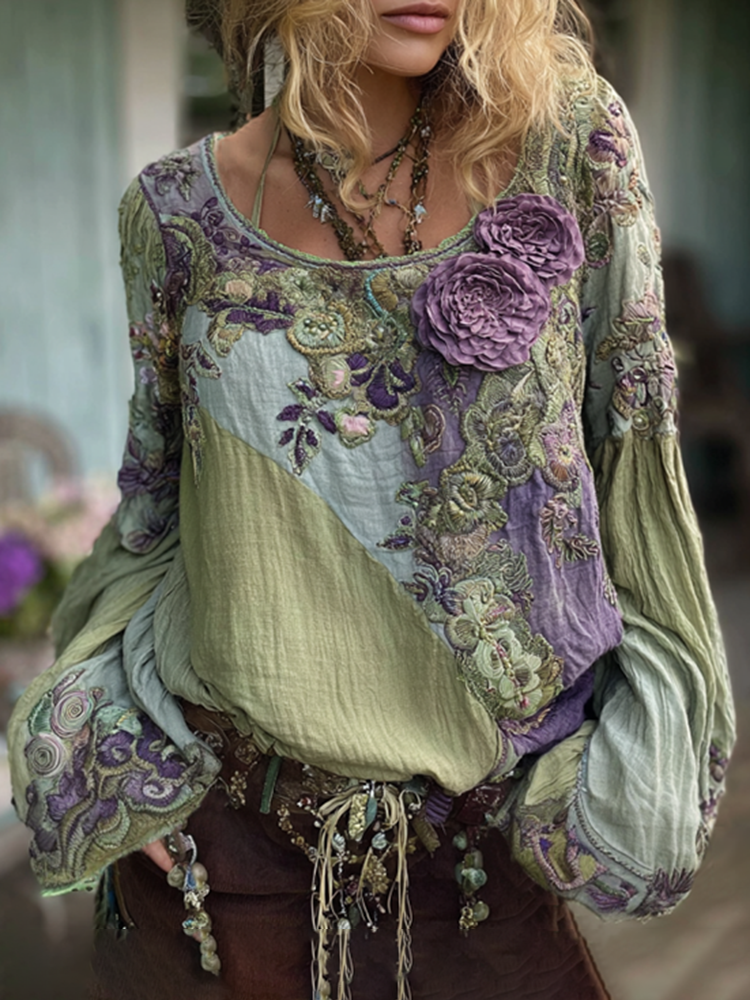 Vintage Purple Lavender And Floral Embroidered Long Sleeve Shirt