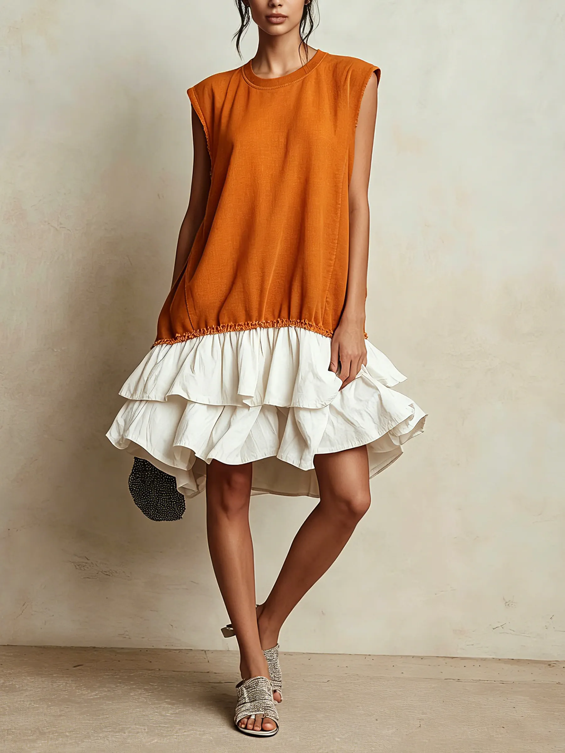 Contrast Raw Edge Tiered Hem Sleeveless Mini Dress Color Block Casual Loose Fit Vacation Dress
