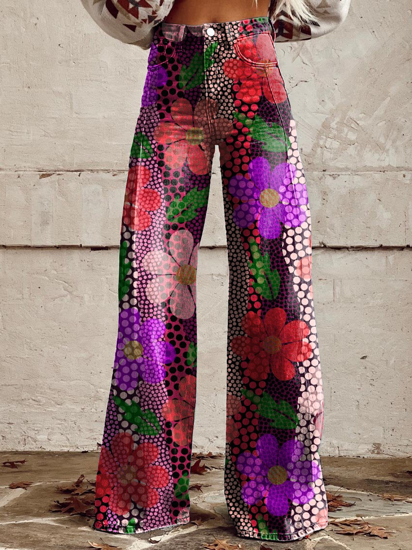 Vintage Floral Print Casual Wide-Leg Pants