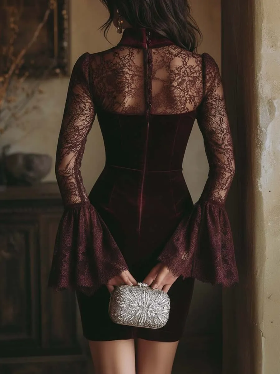 & Lace Bodycon Mini Dress In Burgundy