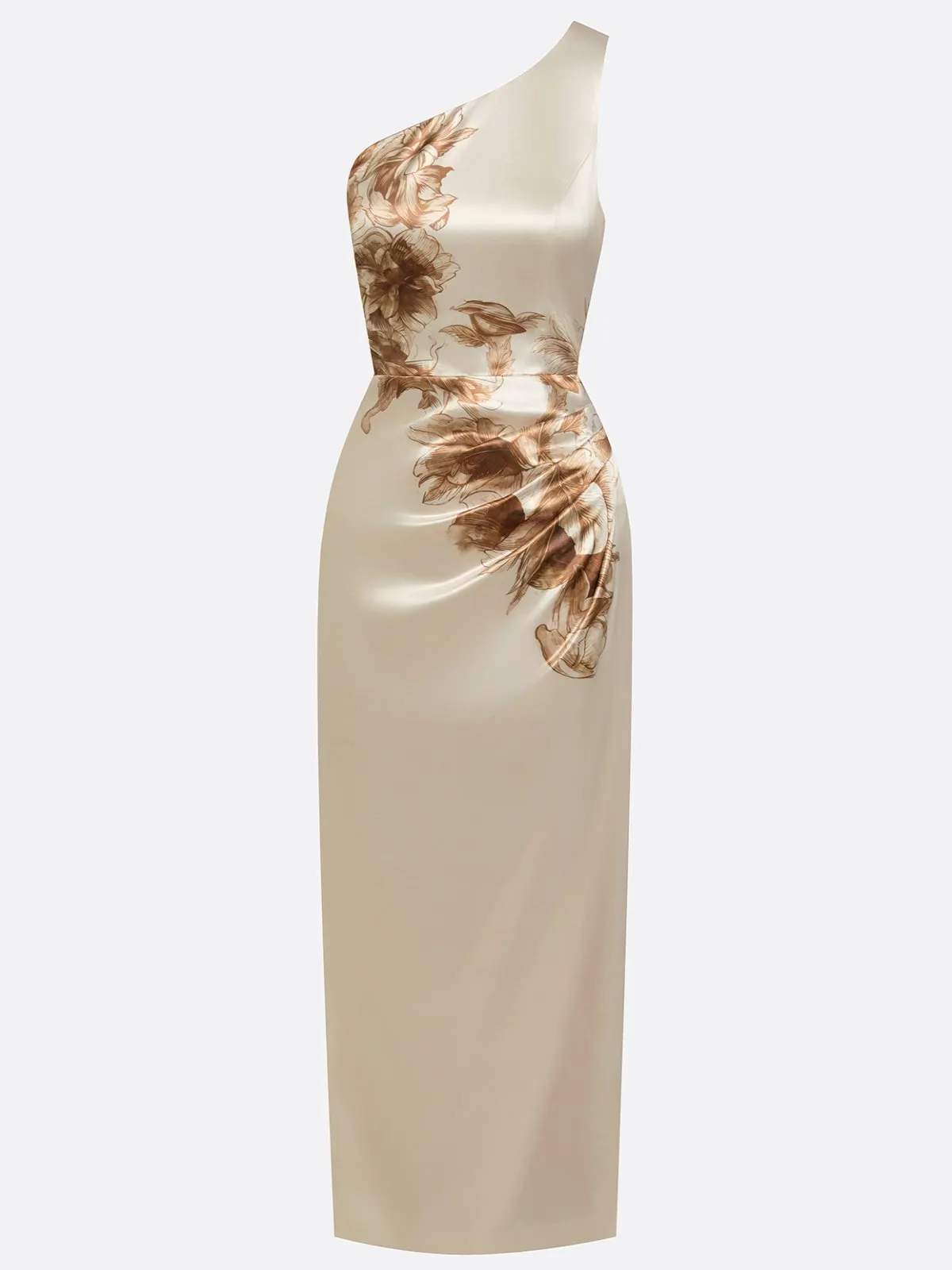 Champagne Floral Satin One-Shoulder Sleeveless Sheath Maxi Dress