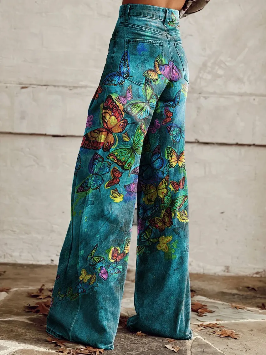Vintage Western Cowboy Wild Print Casual Wide-Leg Pants