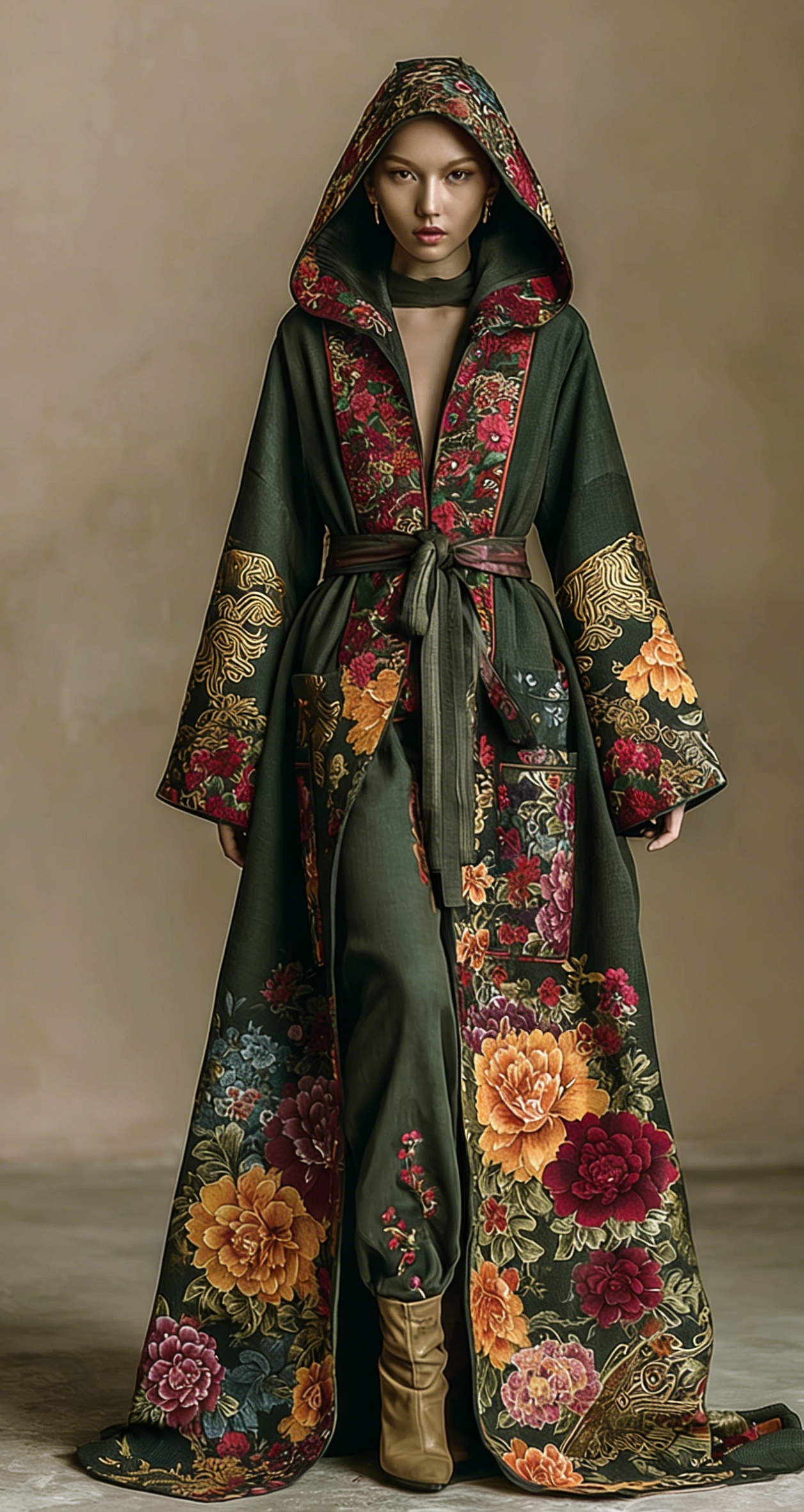 Women's Vintage Ornate Slim-fit Hooded Robe (belt Included)